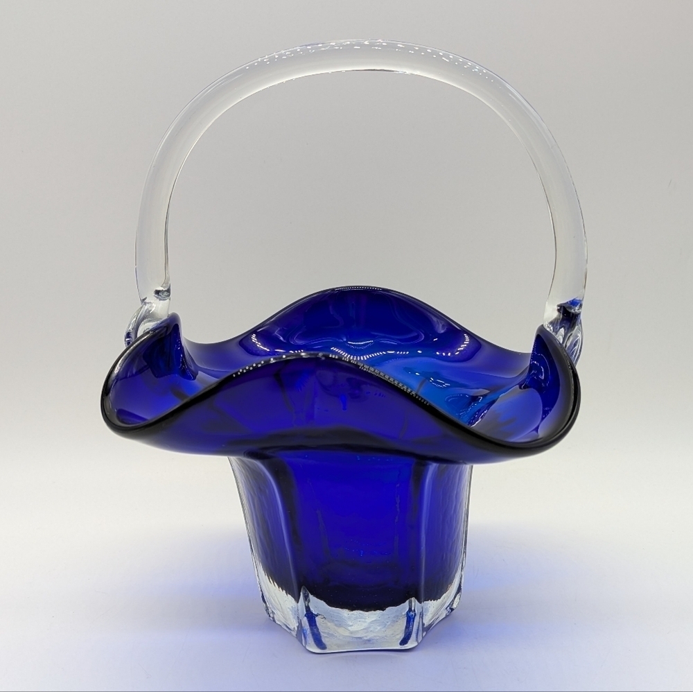 Cobalt Blue Clear Handle Glass Decorative Basket